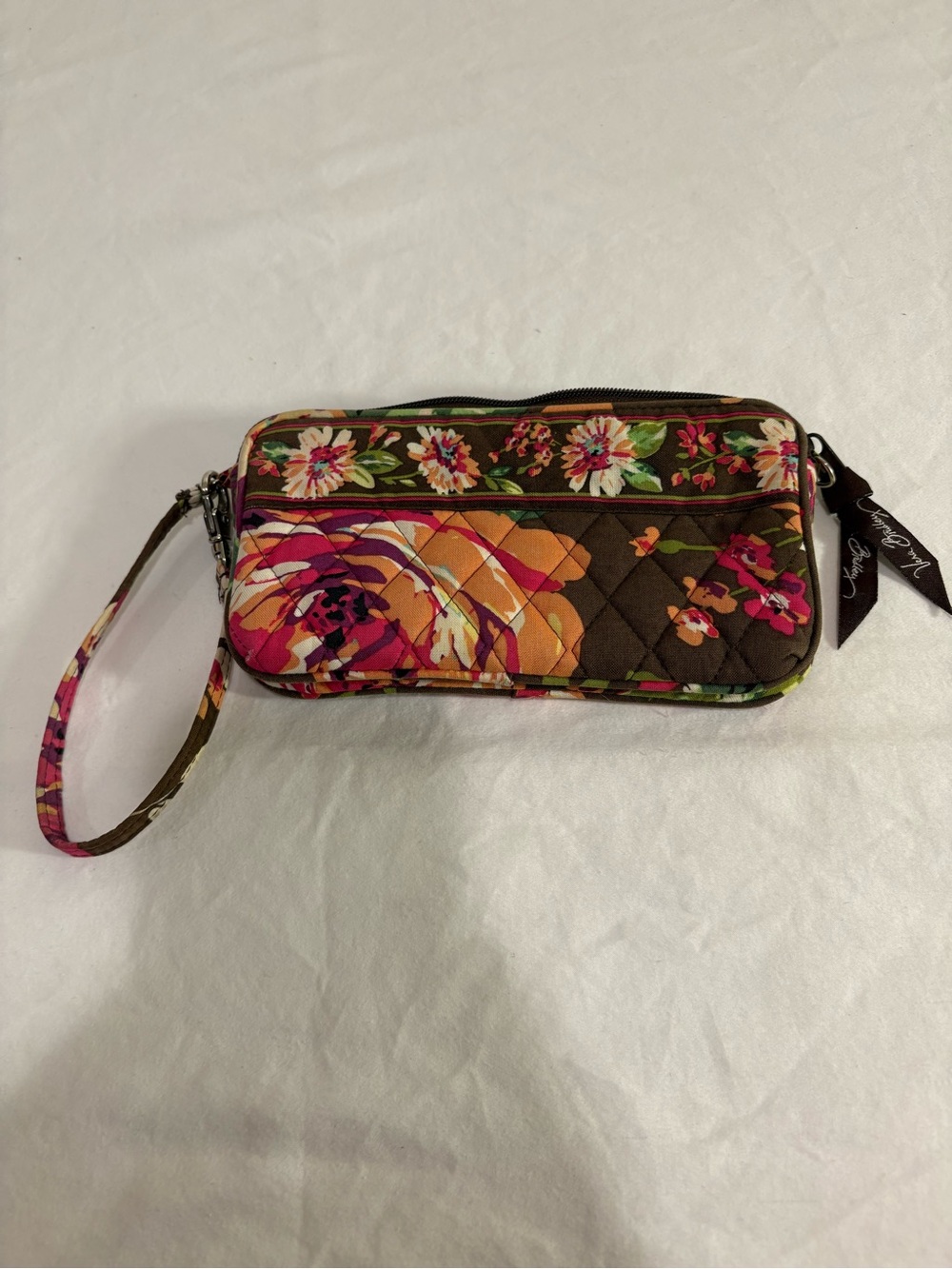 Vera Bradley Floral Quilted Wristlet in Brown, Pink & Orange
